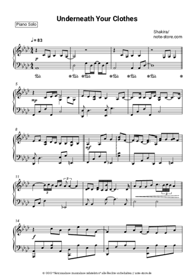 Noten, Akkorde Shakira - Underneath Your Clothes