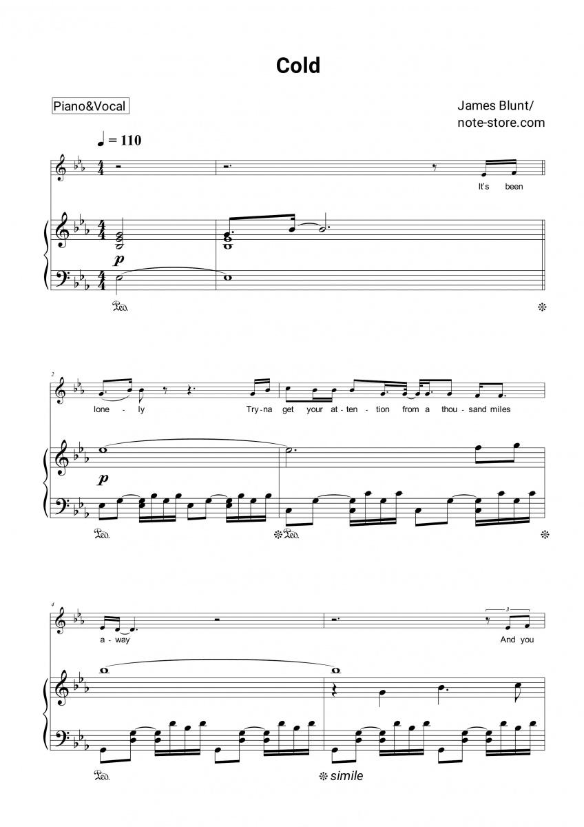 Noten mit Gesang James Blunt - Cold - Klavier&Gesang