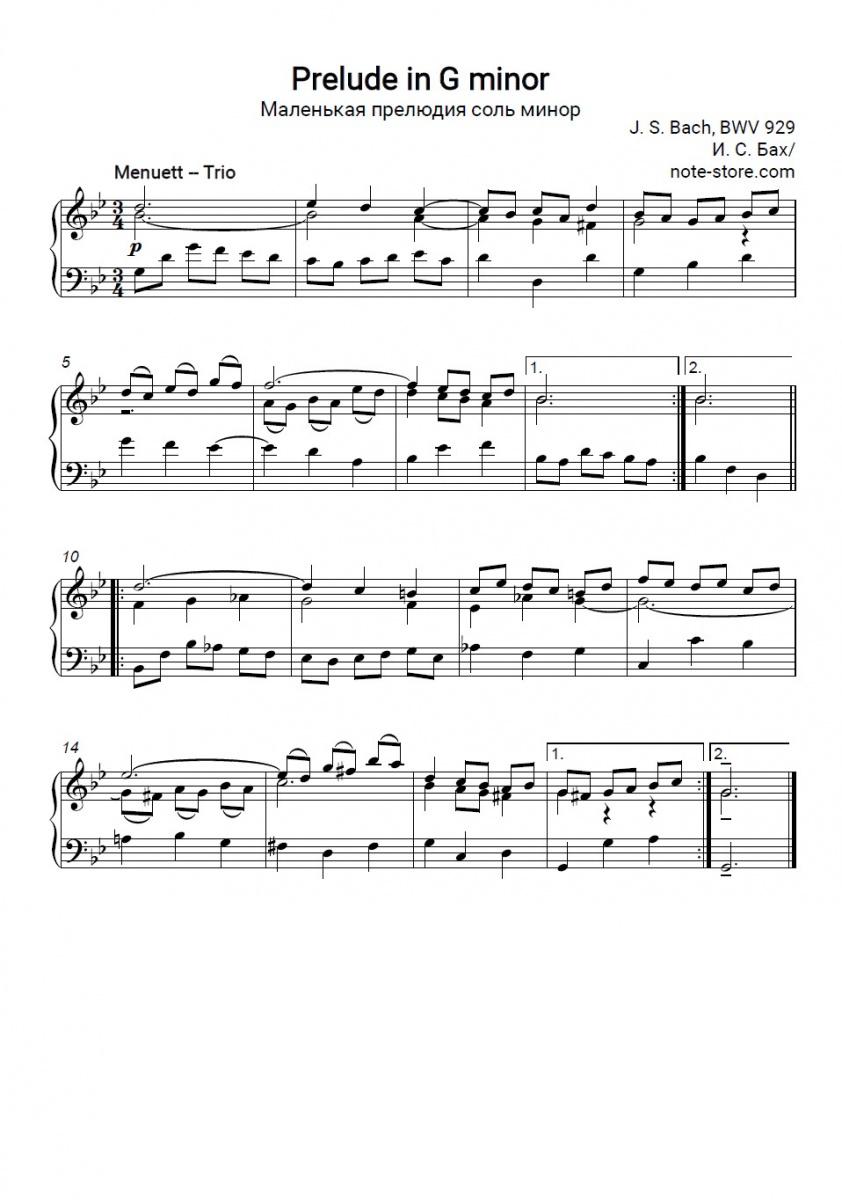 Noten Johann Sebastian Bach - Prelude in G minor, BWV 929 - Klavier.Solo