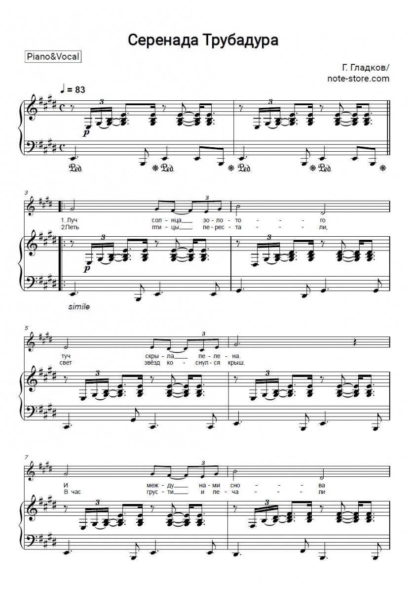 Noten mit Gesang Muslim Magomayev - Серенада Трубадура (Луч Солнца Золотого) - Klavier&Gesang
