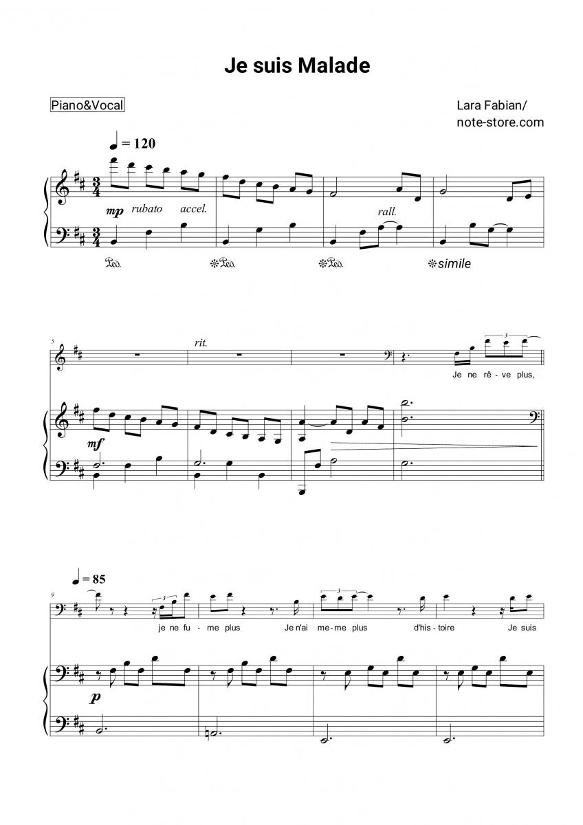 Noten mit Gesang Lara Fabian - Je suis Malade - Klavier&Gesang