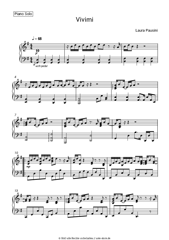 Noten Laura Pausini - Vivimi - Klavier.Solo