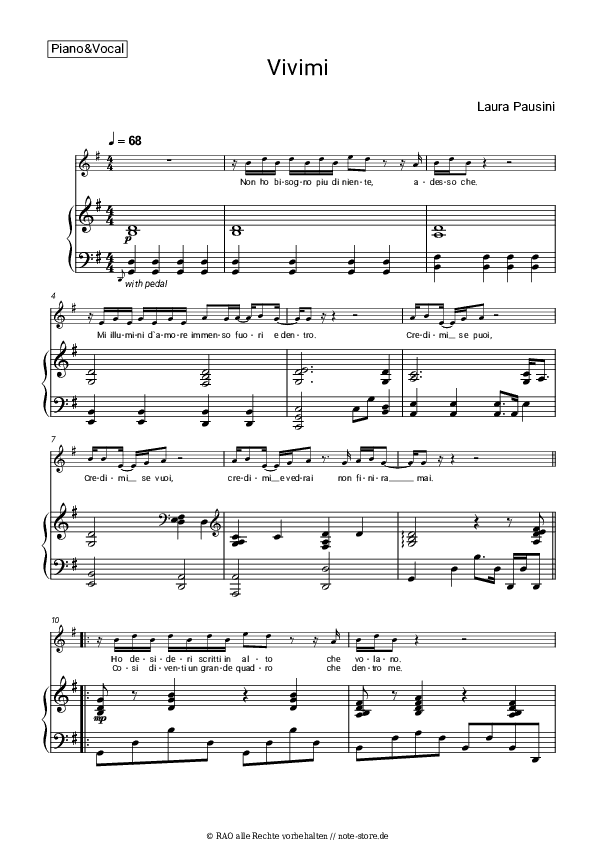 Noten mit Gesang Laura Pausini - Vivimi - Klavier&Gesang