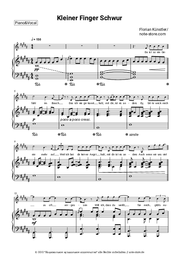 Noten mit Gesang Florian Künstler - Kleiner Finger Schwur - Klavier&Gesang