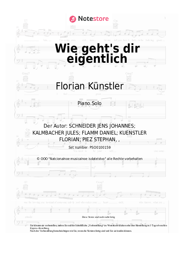 Noten Florian Künstler, Madeline Juno - Wie geht's dir eigentlich - Klavier.Solo