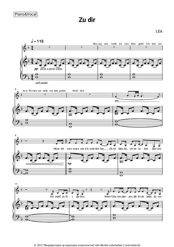Noten mit Gesang LEA - Zu dir - Klavier&Gesang