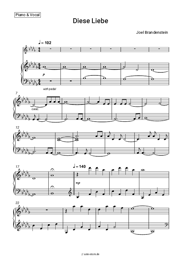 Noten mit Gesang Joel Brandenstein - Diese Liebe - Klavier&Gesang