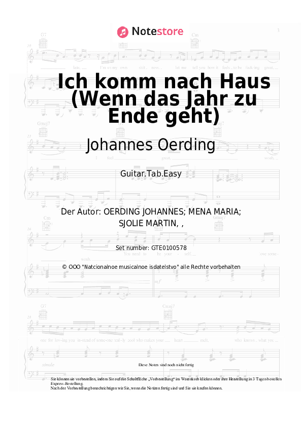 Einfache Tabs Johannes Oerding - Ich komm nach Haus (Wenn das Jahr zu Ende geht) - Gitarre.Tabs.Easy