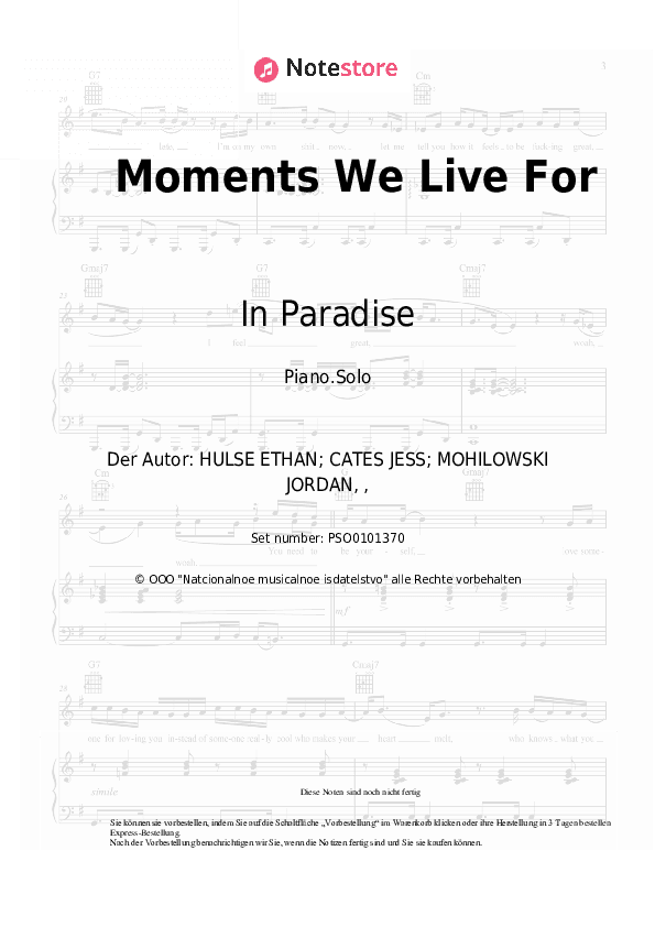 Noten In Paradise - Moments We Live For - Klavier.Solo