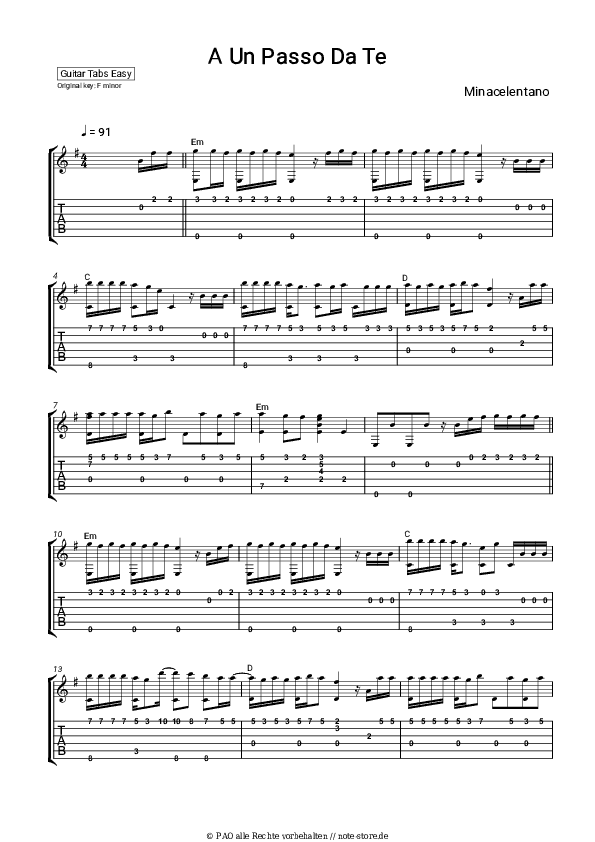 Einfache Tabs Minacelentano - A Un Passo Da Te - Gitarre.Tabs.Easy