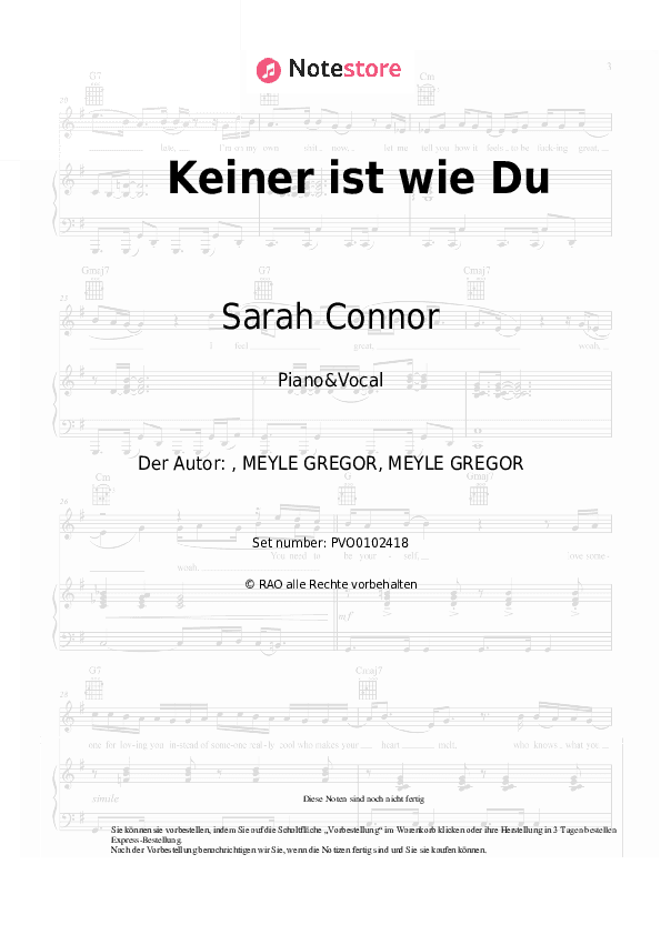 Noten mit Gesang Sarah Connor - Keiner ist wie Du - Klavier&Gesang