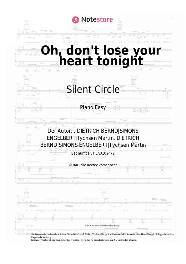 Einfache Noten Silent Circle - Oh, don't lose your heart tonight - Klavier.Einfach