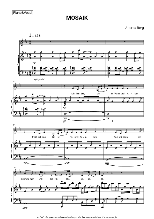Noten mit Gesang Andrea Berg - MOSAIK - Klavier&Gesang