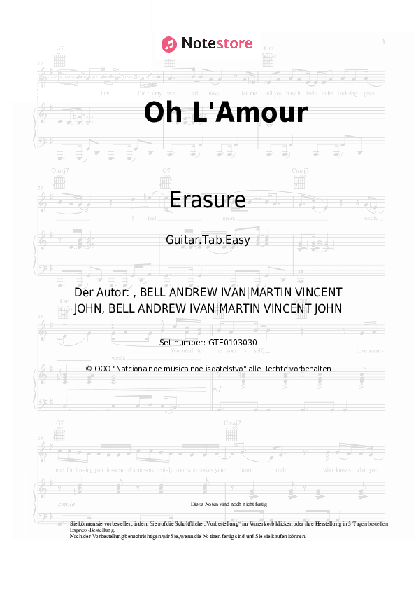 Einfache Tabs Erasure - Oh L'Amour - Gitarre.Tabs.Easy