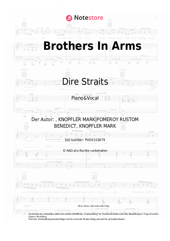 Noten mit Gesang Dire Straits - Brothers In Arms - Klavier&Gesang