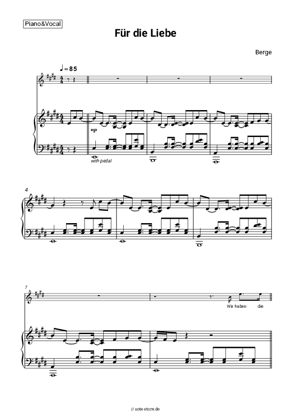 Noten mit Gesang Berge - Für die Liebe - Klavier&Gesang
