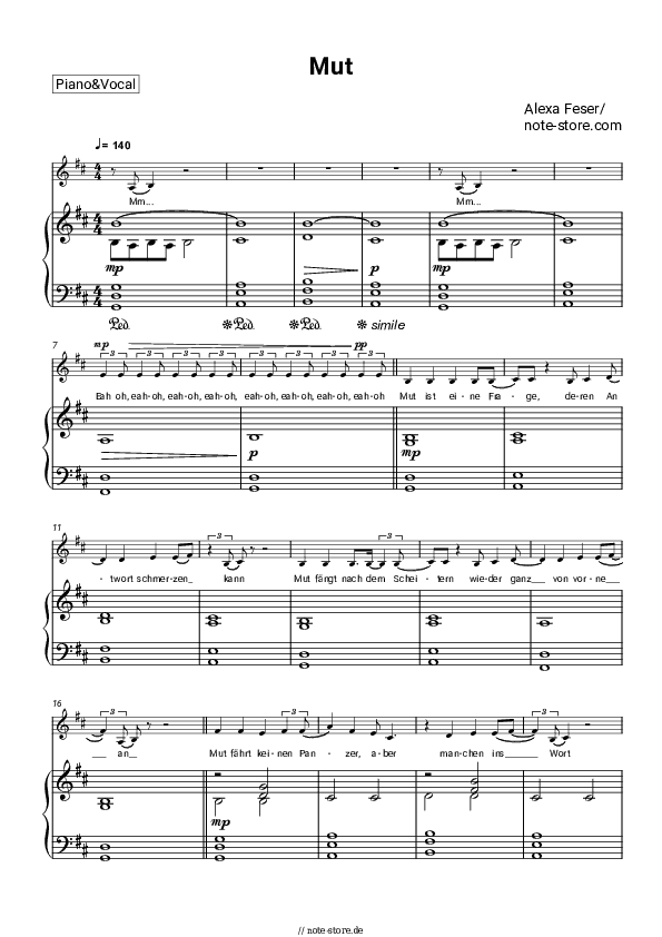 Noten mit Gesang Alexa Feser - Mut - Klavier&Gesang