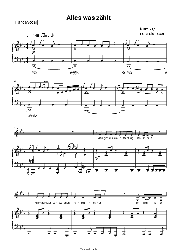 Noten mit Gesang Namika - Alles was zählt - Klavier&Gesang