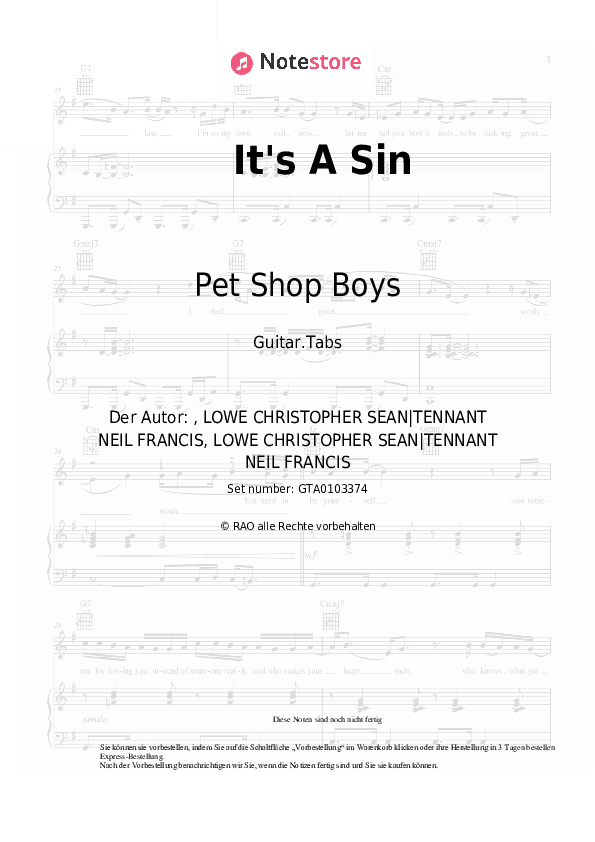 Tabs Pet Shop Boys - It's A Sin - Gitarre.Tabs