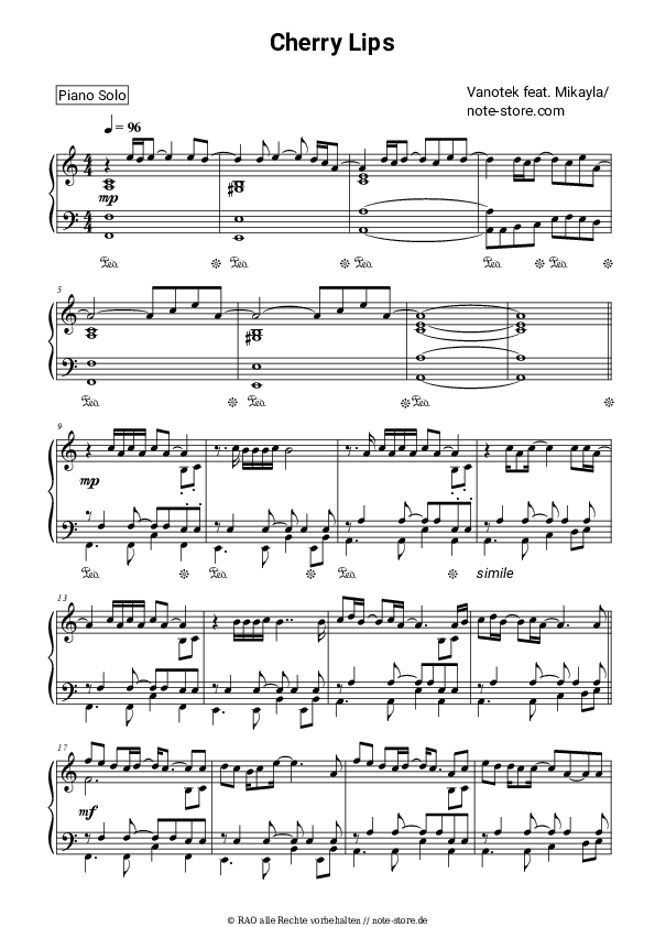 Noten Vanotek - Cherry Lips (feat. Mikayla) - Klavier.Solo