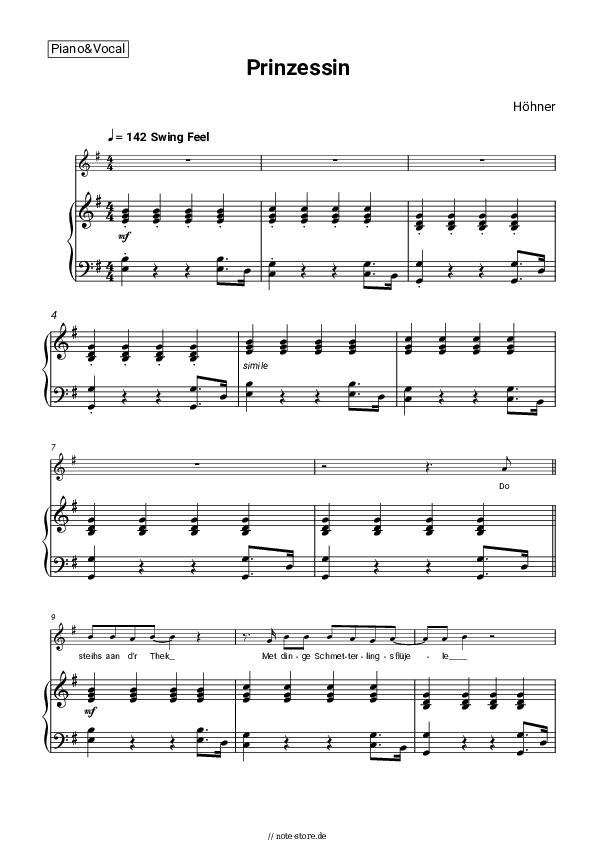 Noten mit Gesang Höhner - Prinzessin - Klavier&Gesang