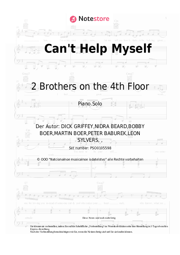 Noten 2 Brothers on the 4th Floor - Can't Help Myself - Klavier.Solo