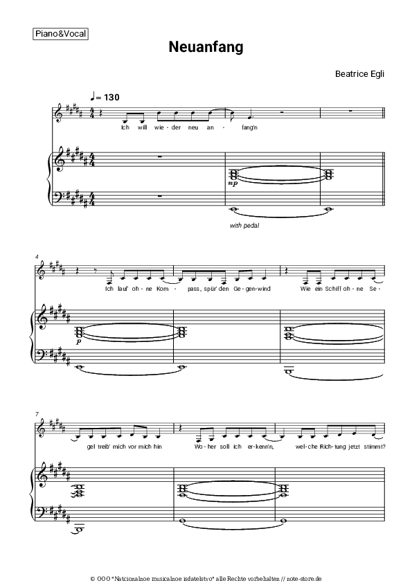 Noten mit Gesang Beatrice Egli - Neuanfang - Klavier&Gesang