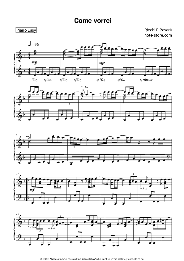 Einfache Noten Ricchi e Poveri - Come vorrei - Klavier.Einfach