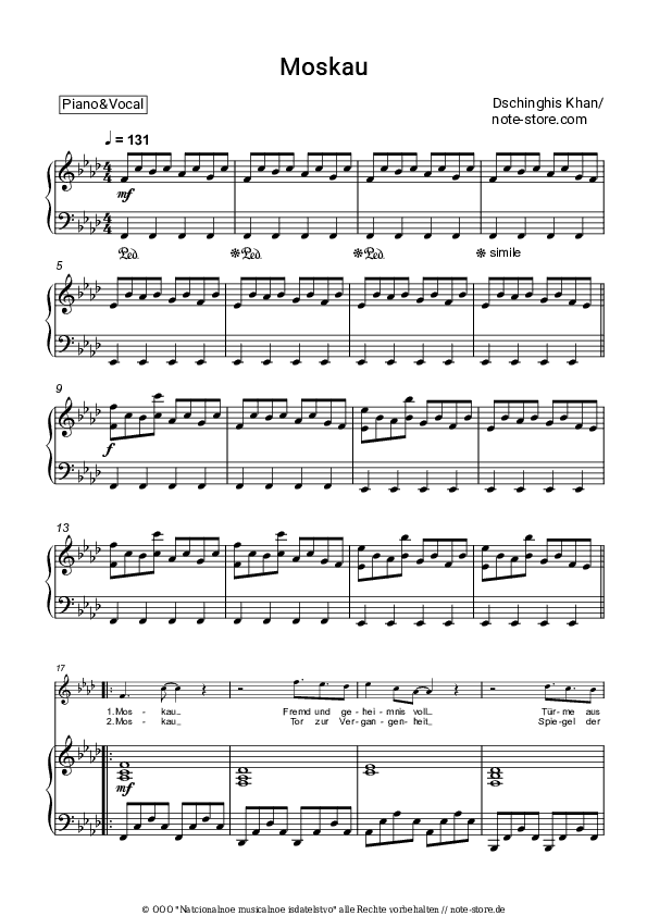 Noten mit Gesang Dschinghis Khan - Moskau - Klavier&Gesang