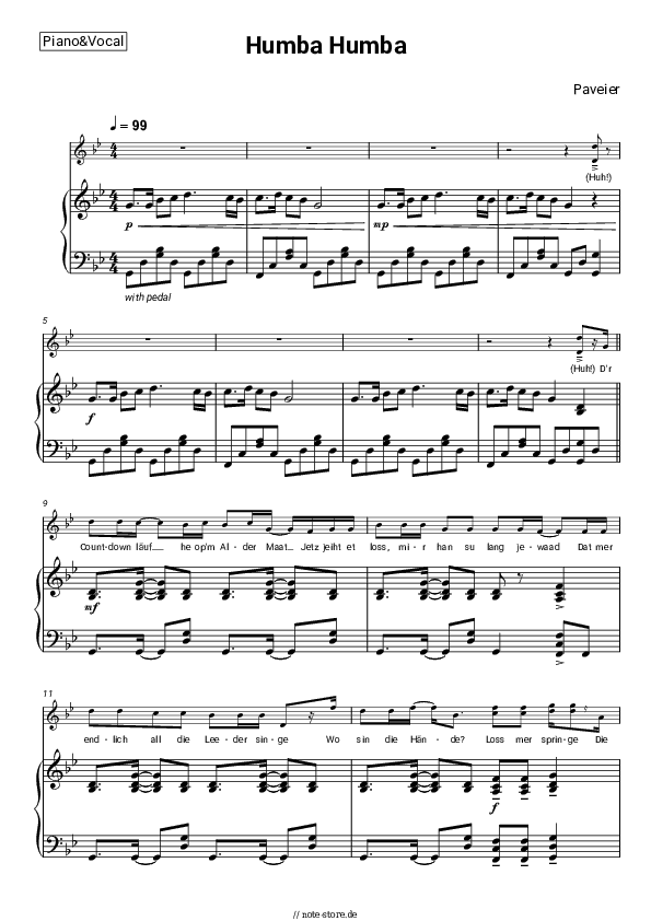 Noten mit Gesang Paveier - Humba Humba - Klavier&Gesang