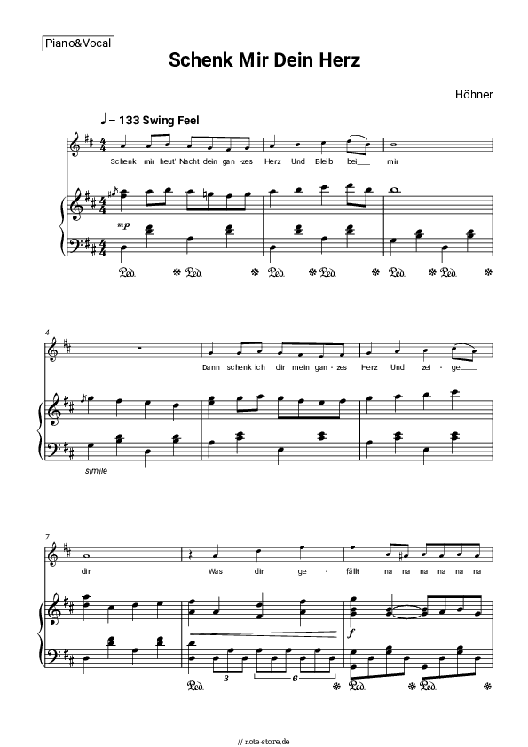 Noten mit Gesang Höhner - Schenk Mir Dein Herz - Klavier&Gesang