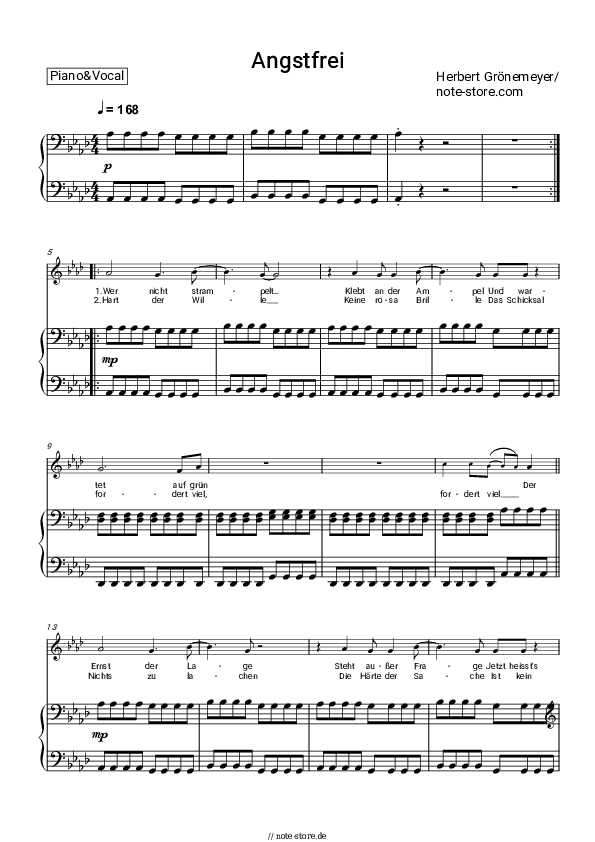 Noten mit Gesang Herbert Grönemeyer - Angstfrei - Klavier&Gesang