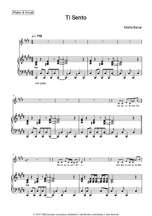 Noten mit Gesang Matia Bazar - Ti Sento - Klavier&Gesang