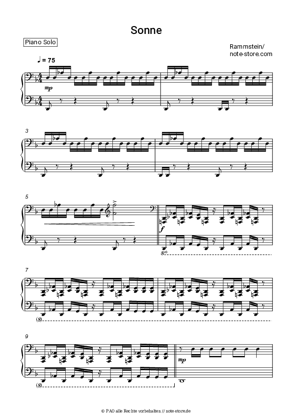 Noten Rammstein - Sonne - Klavier.Solo