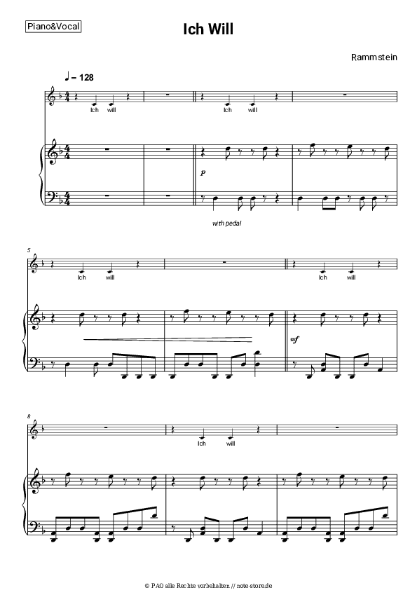 Noten mit Gesang Rammstein - Ich Will - Klavier&Gesang
