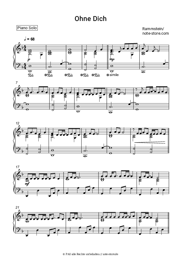 Noten Rammstein - Ohne Dich - Klavier.Solo