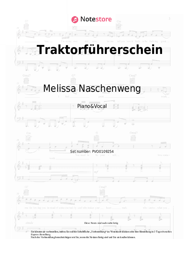 Noten mit Gesang Melissa Naschenweng - Traktorführerschein - Klavier&Gesang