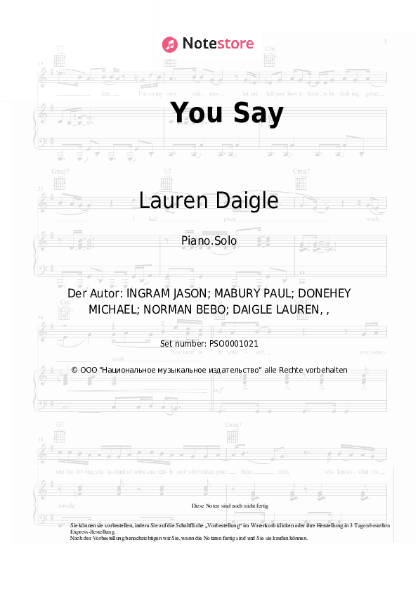 Noten Lauren Daigle - You Say - Klavier.Solo