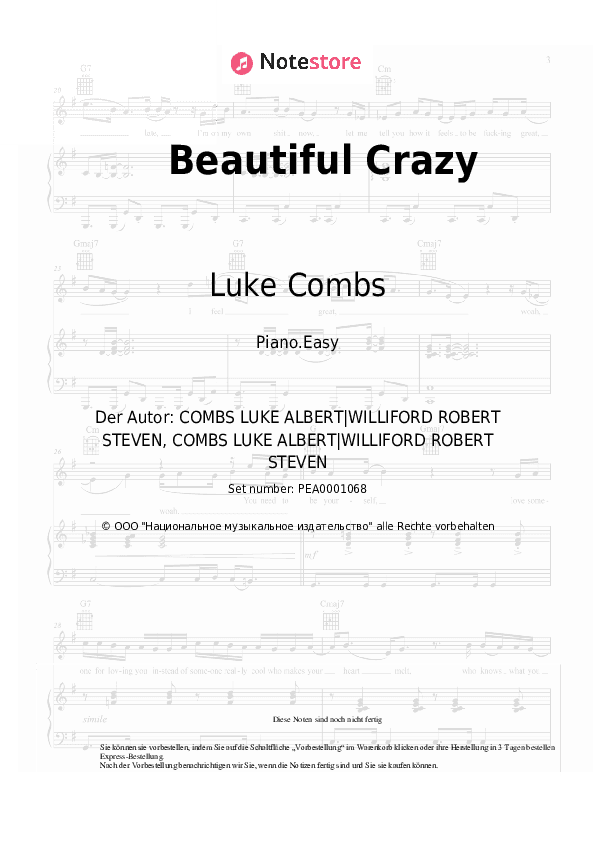 Einfache Noten Luke Combs - Beautiful Crazy - Klavier.Einfach