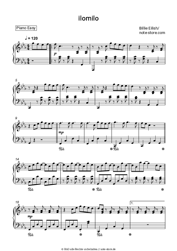 Einfache Noten Billie Eilish - ilomilo - Klavier.Einfach