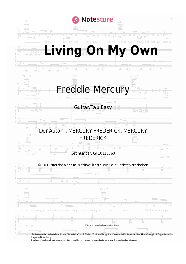 Einfache Tabs Freddie Mercury - Living On My Own - Gitarre.Tabs.Easy