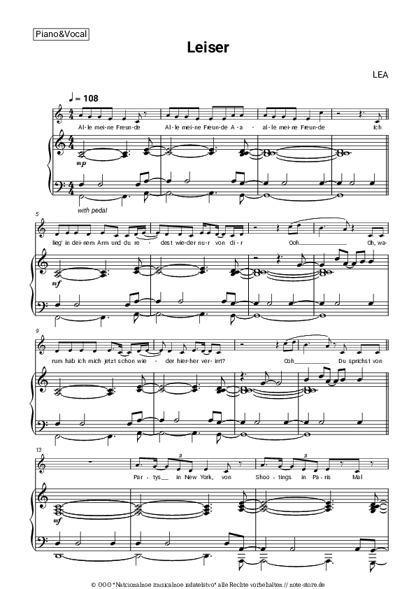 Noten mit Gesang LEA - Leiser - Klavier&Gesang