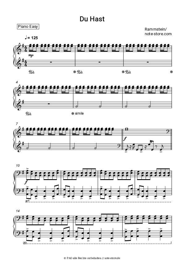 Einfache Noten Rammstein - Du Hast - Klavier.Einfach