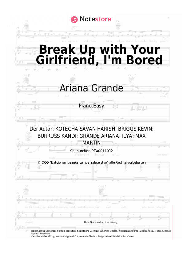 Einfache Noten Ariana Grande - Break Up with Your Girlfriend, I'm Bored - Klavier.Einfach