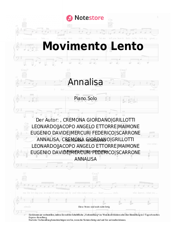 Noten Annalisa, Federico Rossi - Movimento Lento - Klavier.Solo
