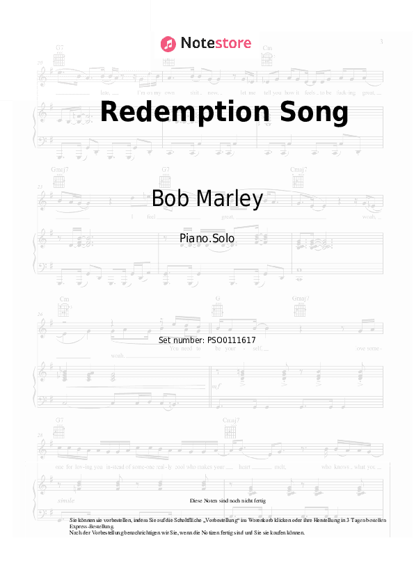 Noten Bob Marley, The Wailers - Redemption Song - Klavier.Solo