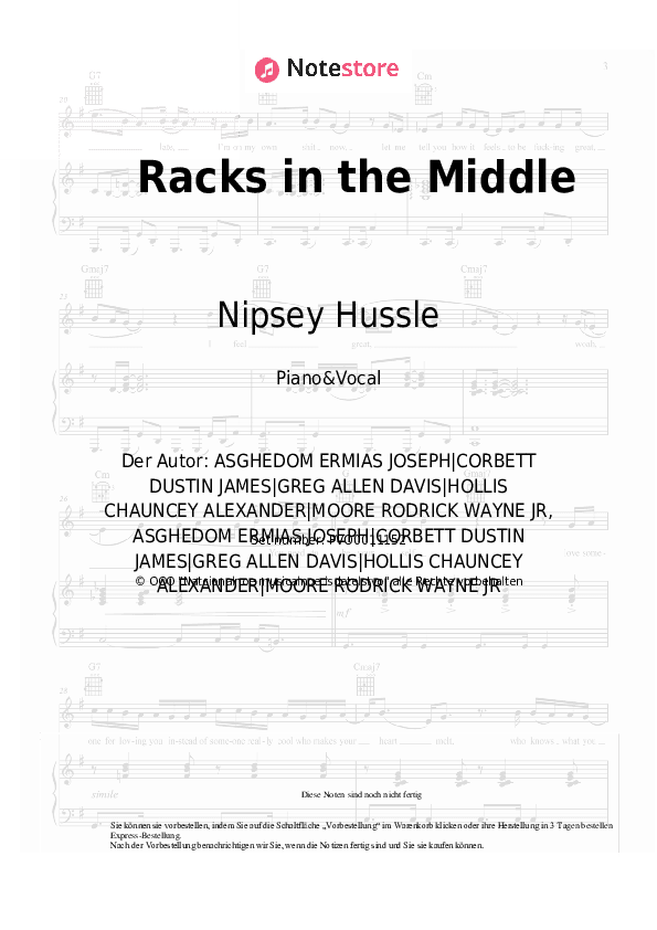 Noten mit Gesang Nipsey Hussle, Roddy Ricch, Hit-Boy - Racks in the Middle - Klavier&Gesang