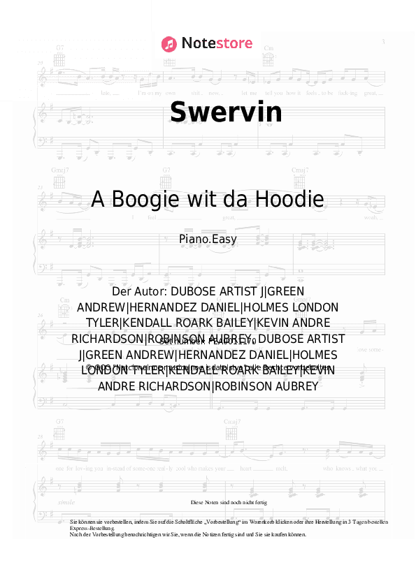 Einfache Noten A Boogie wit da Hoodie, 6ix9ine - Swervin - Klavier.Einfach