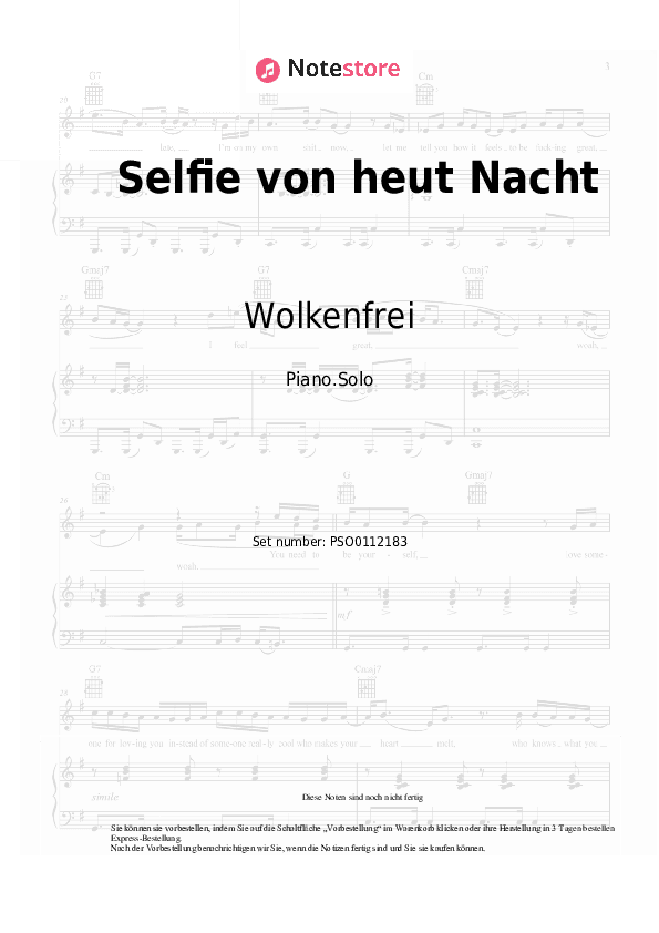 Noten Wolkenfrei - Selfie von heut Nacht - Klavier.Solo