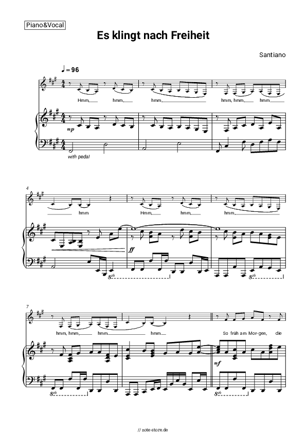 Noten mit Gesang Santiano - Es klingt nach Freiheit - Klavier&Gesang